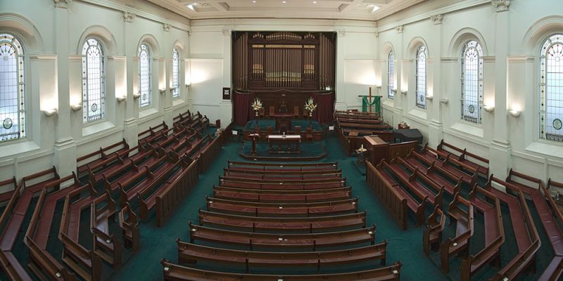 The sanctuary at Collins Street Baptist Church set up for an event
